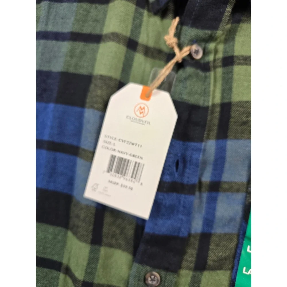 Cloudveil Flannel Shirt Mens Large Navy Green Cotton Stretch Plaid CVF22WT11